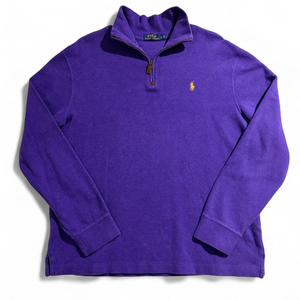 Polo Ralph Lauren Purple Quarter Zip Sweater Mens Large Cotton Knit Yellow Pony
